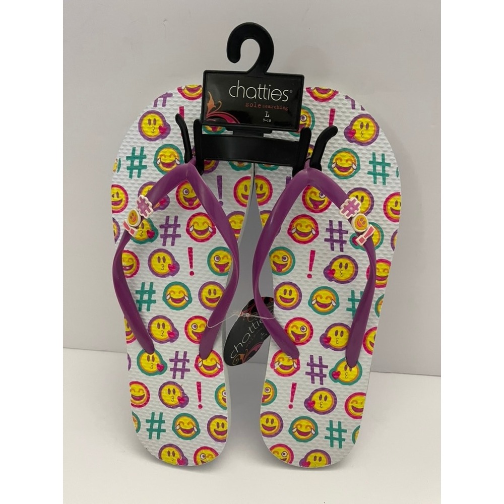 Chatties Women's Flip‎ Flops Size L 9-10 White Emoji Smiley Face Purple Straps